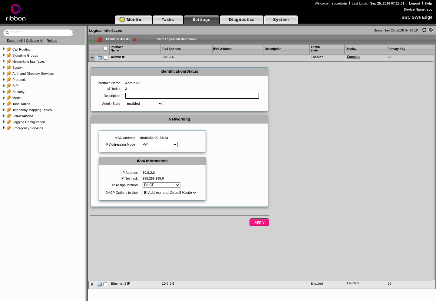 Admin IP (mgt0) on the management subnet